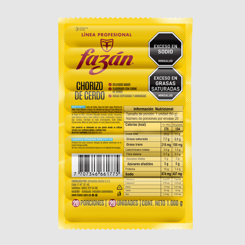 Chorizo de cerdo Línea Institucional Fazán