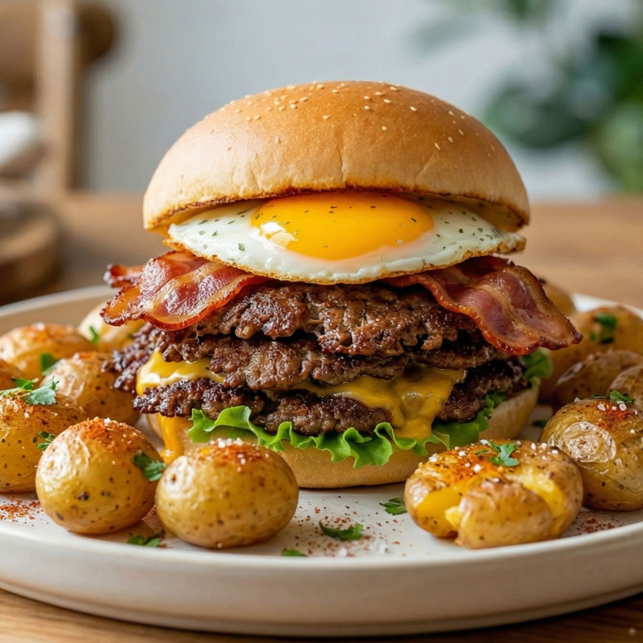 Hamburguesa colombiana con carne de Fazán, queso derretido, tocineta, huevo frito y papas criollas en pan tostado