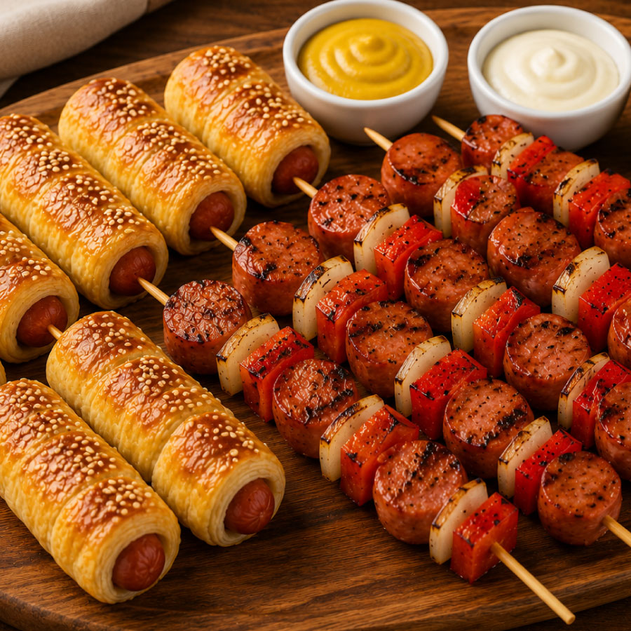 Tabla de madera servida con rollitos de salchicha envueltos en hojaldre dorado con ajonjolí y pinchos de salchicha asada con cubos de pimentón rojo y cebolla. Al fondo se ven cuencos con salsas para acompañar: mostaza, mayonesa, BBQ y salsa de ají. La escena tiene iluminación cálida y estilo de fotografía gastronómica, ideal para compartir.