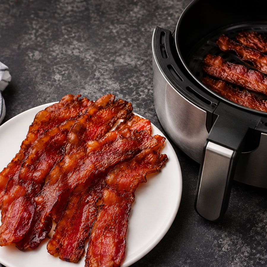 Tocineta crujiente cocinada en airfryer, servida en un plato blanco sobre una superficie oscura, con una freidora de aire abierta al fondo mostrando más tiras de tocineta listas para servir.