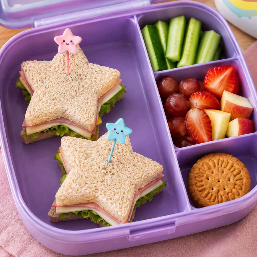 Lonchera infantil con dos sándwiches en forma de estrella preparados con jamón, queso y lechuga, acompañados de bastones de pepino, uvas, fresas, trozos de manzana y una galleta integral en compartimentos separados.