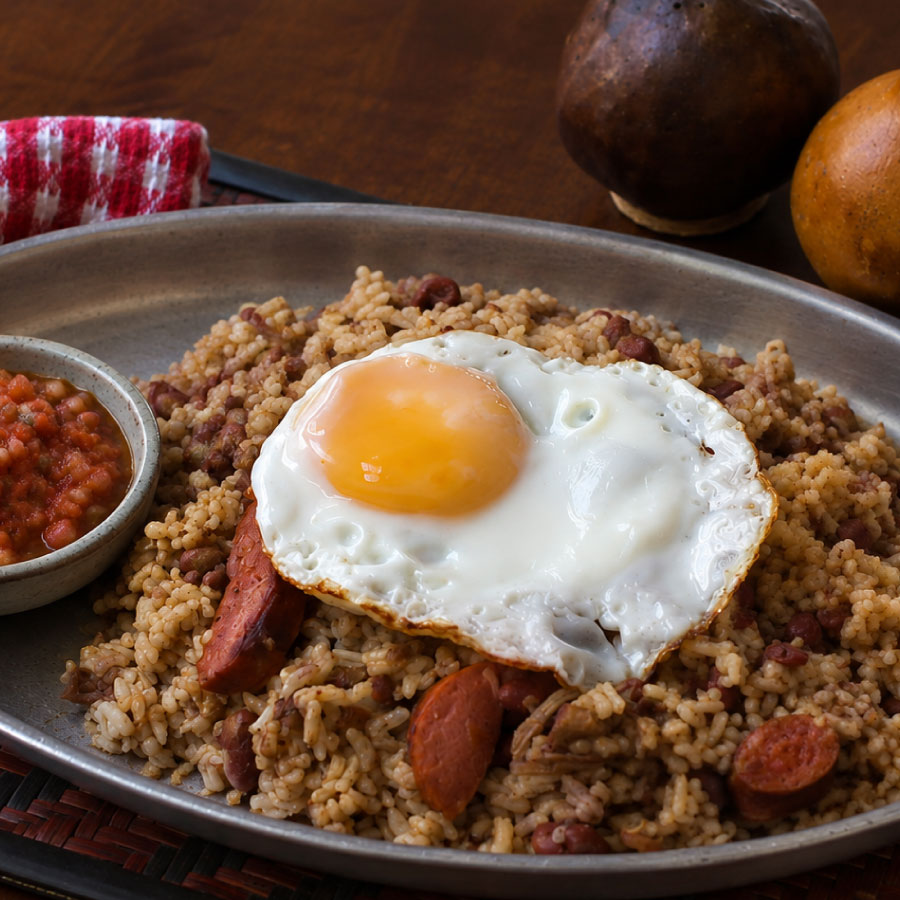 Plato de calentado colombiano con arroz, fríjoles y salchicha, acompañado de huevo frito y un pequeño bowl de hogao.